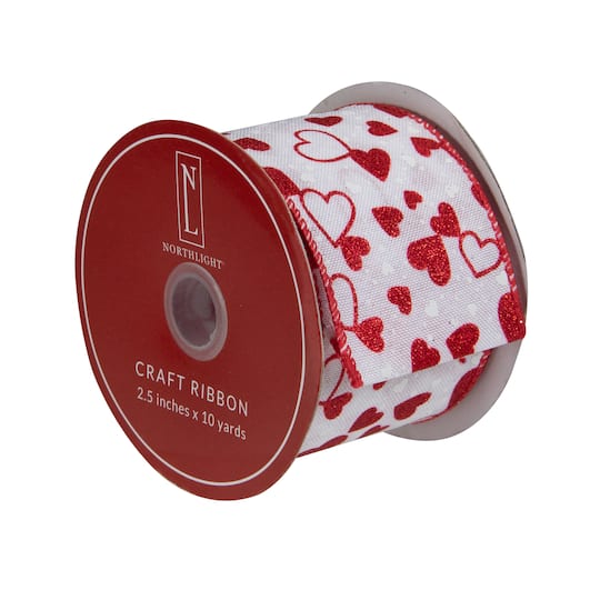 2.5" x 10yd. Small Glittered Hearts Valentine's Day Wired Craft Ribbon